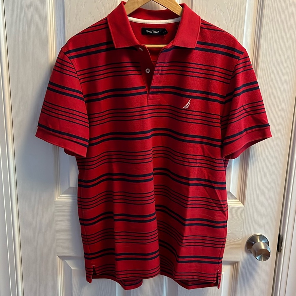 red & blue striped polo shirt